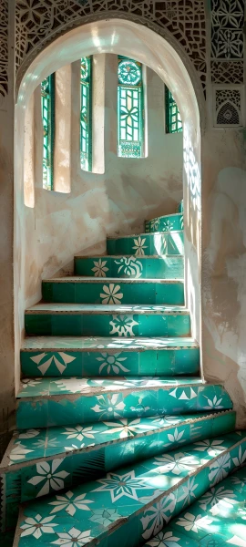 whimsical architecture wallpaper — stairs, stained glass, window, scenery (free 4K phone download)