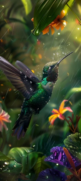 whimsical architecture wallpaper — flower, rain, water drop, bird (free 4K phone download)