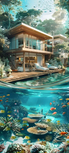 futuristic architecture wallpaper — fish, scenery, tree, house (free 4K phone download)