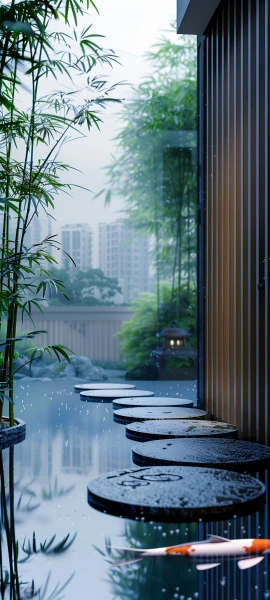 serene architecture wallpaper — scenery, building, bamboo, koi (free 4K phone download)