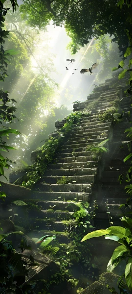 serene architecture wallpaper — stairs, scenery, sunlight, bird (free 4K phone download)