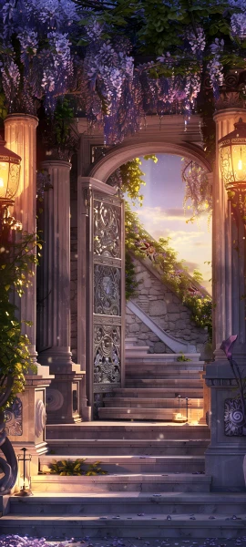 romantic architecture wallpaper — stairs, wisteria, scenery, flower (free 4K phone download)