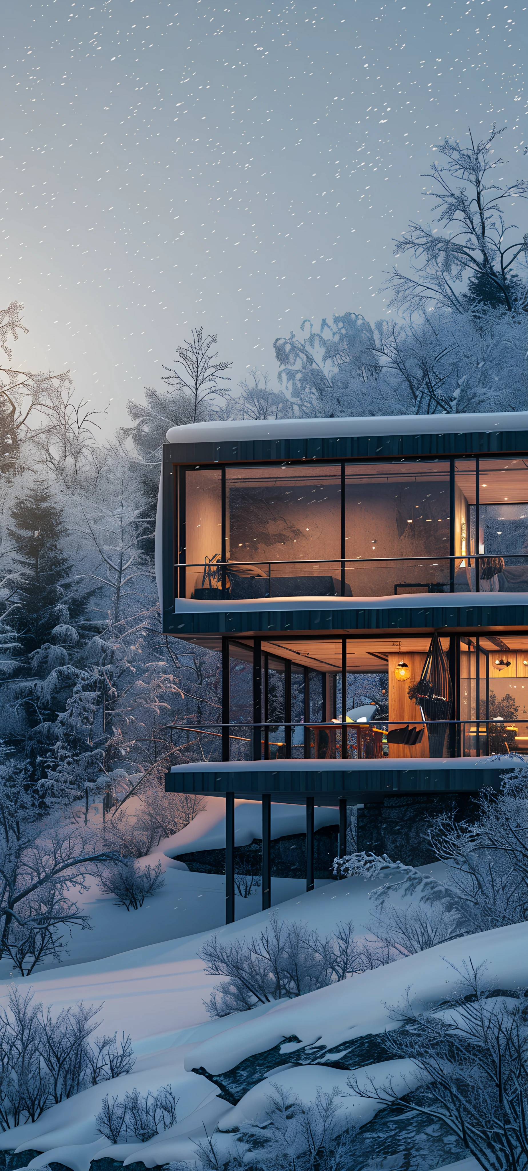 cozy architecture wallpaper — snow, scenery, tree, snowing (free 4K phone download)