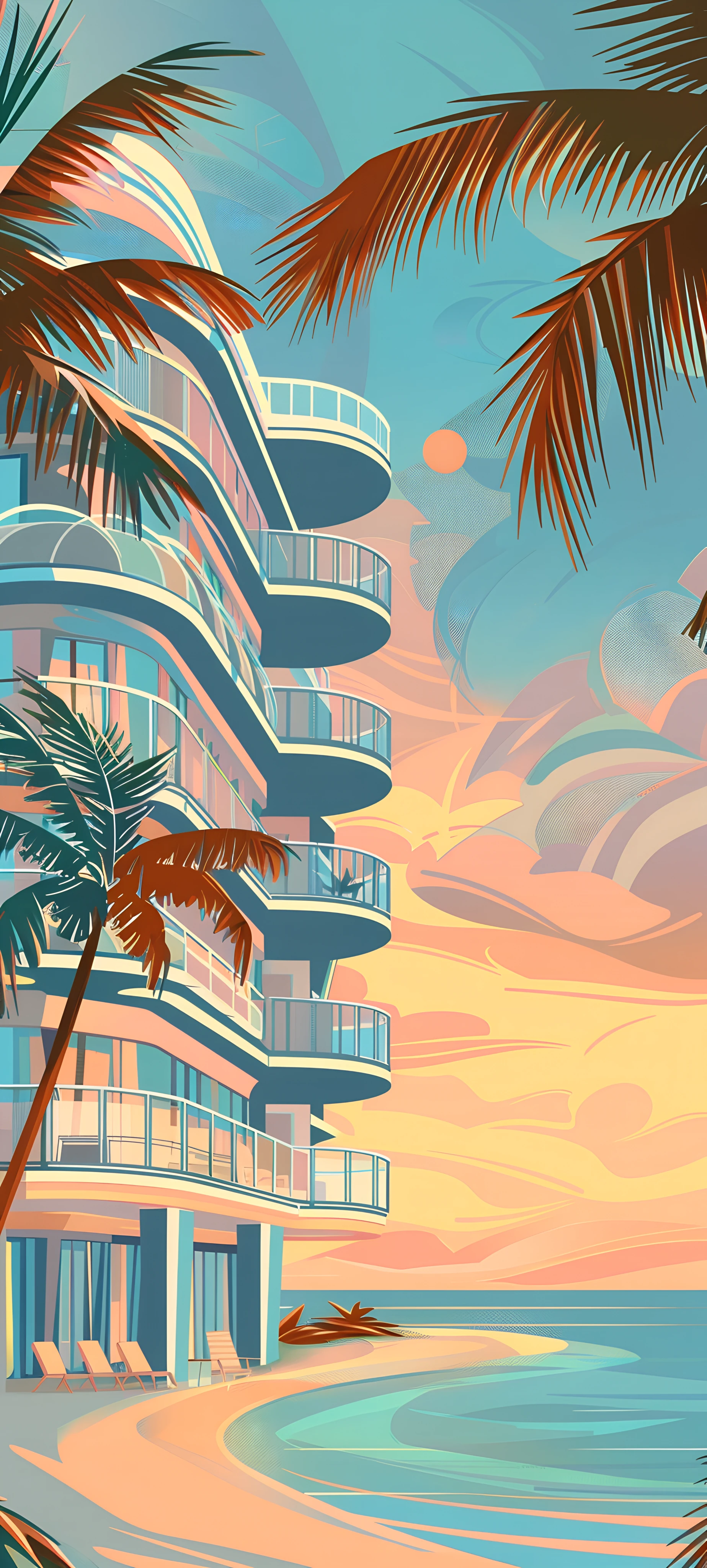 vaporwave architecture wallpaper — tree, palm tree, building, sky (free 4K phone download)