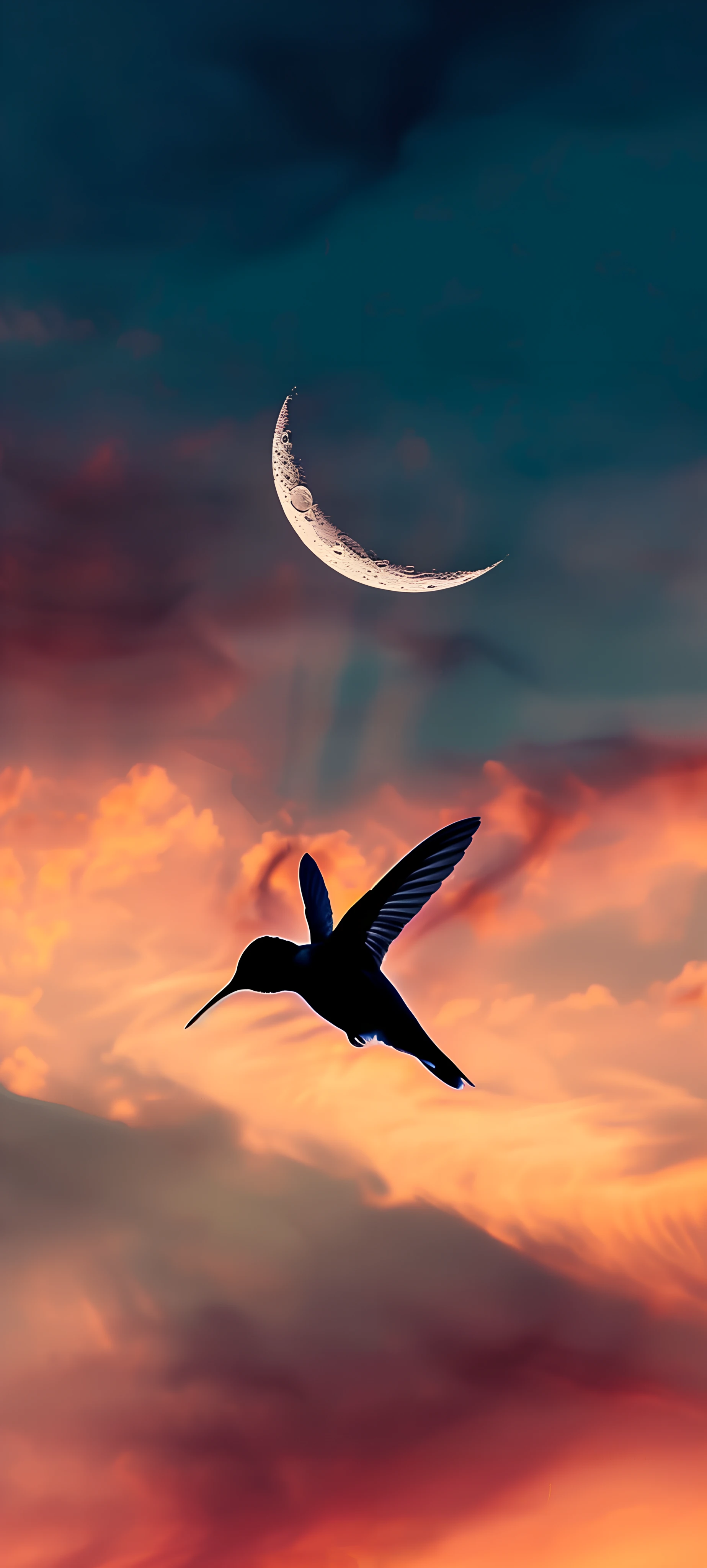 serene architecture wallpaper — crescent moon, sky, cloud, flying (free 4K phone download)