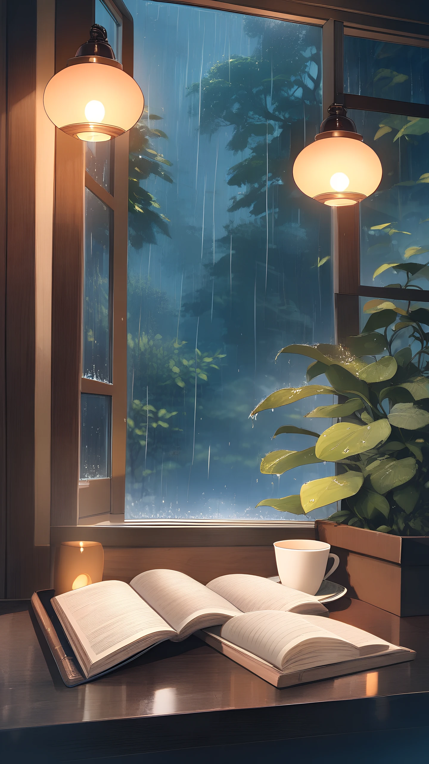 Anime Wallpaper Rainy Cafe Study 1440×2560 anime wallpaper