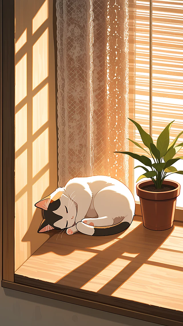 anime wallpaper cat sunny windowsill — 1440×2560