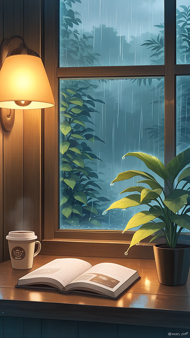 anime wallpaper rainy cafe study — 1440×2560