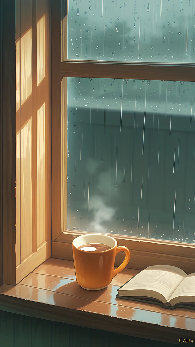 anime wallpaper tea rainy window — 1440×2560