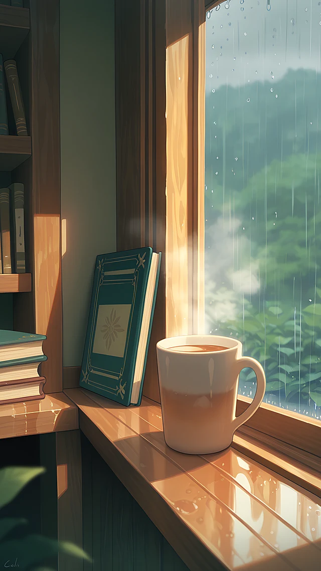 anime wallpaper tea rainy window — 1440×2560