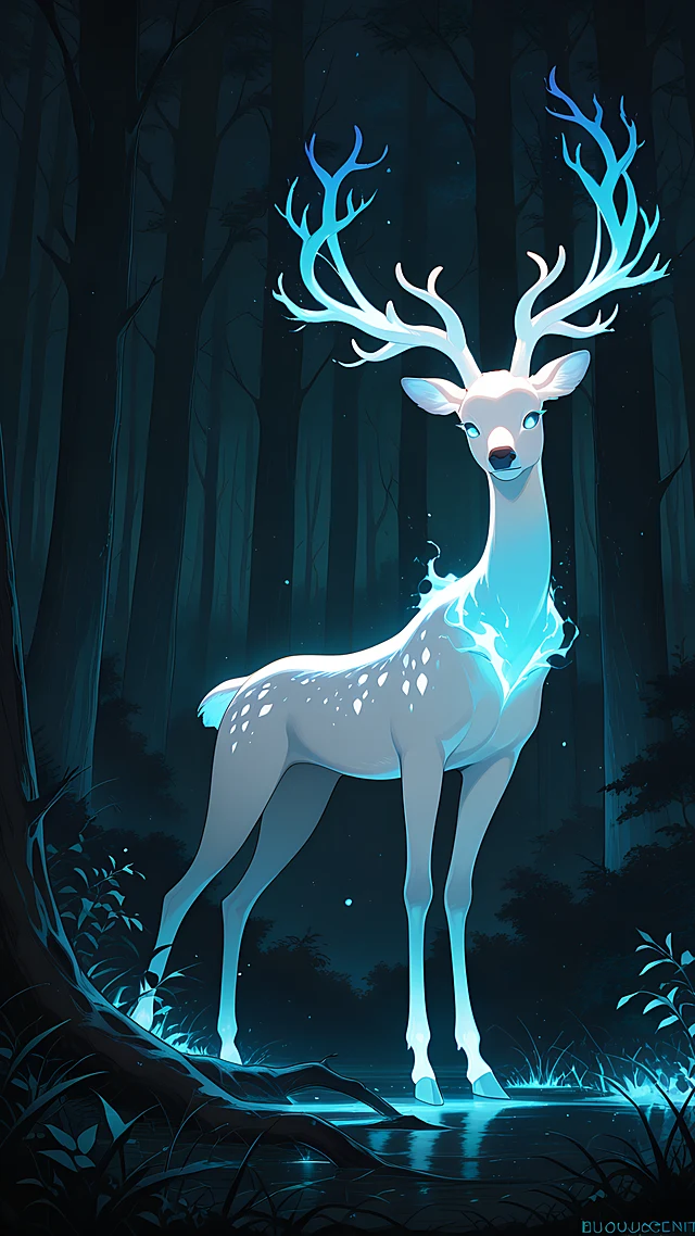 anime wallpaper glowing forest deer — 1440×2560