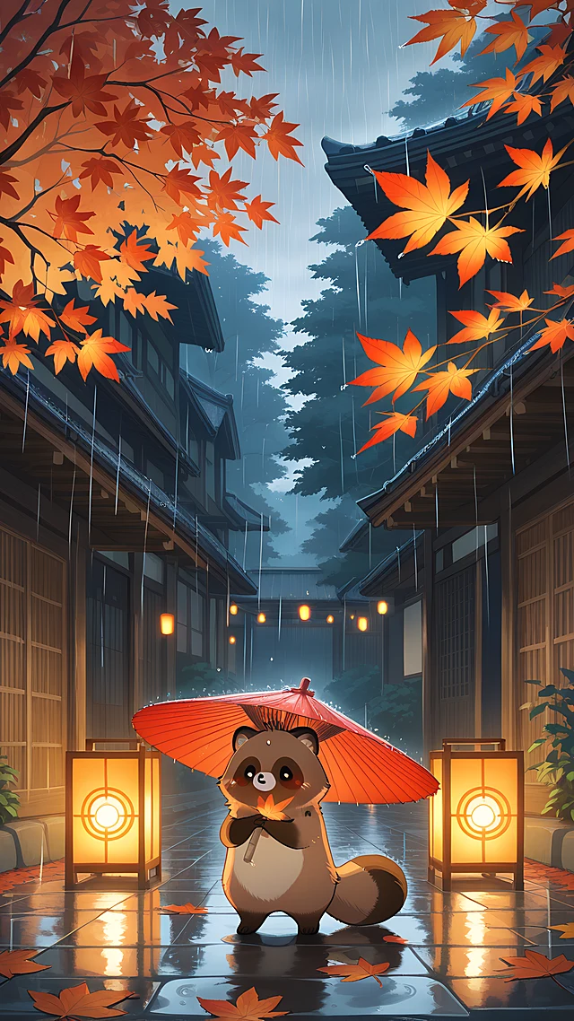 anime wallpaper tanuki umbrella — 1440×2560