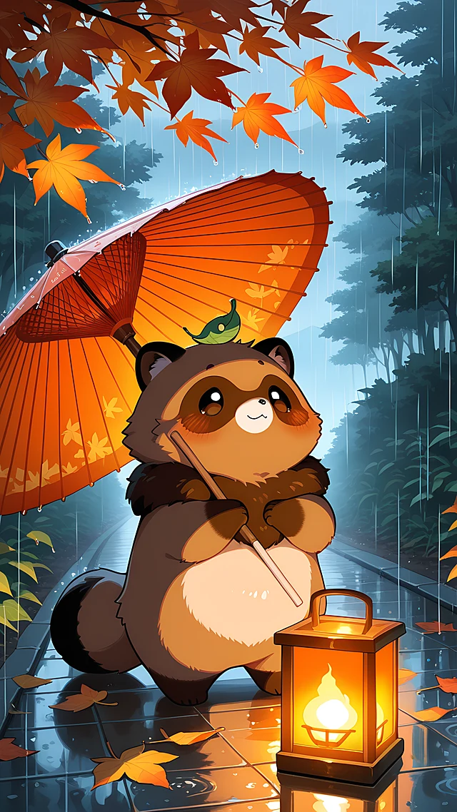 anime wallpaper tanuki umbrella — 1440×2560
