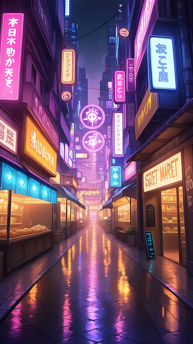 anime wallpaper cyberpunk market — 1440×2560