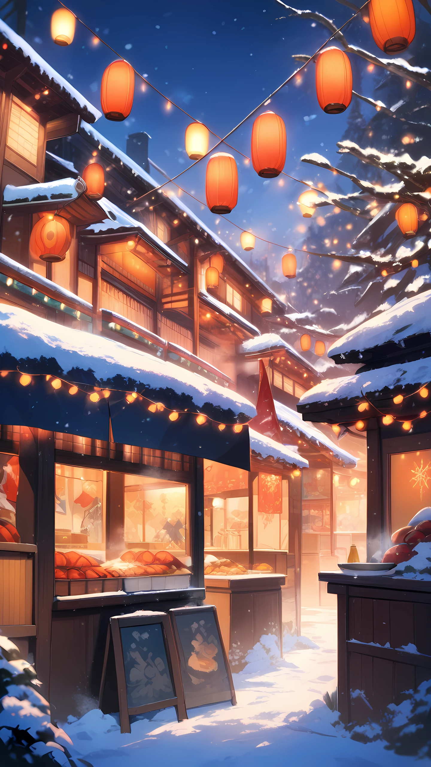Anime Wallpaper Winter Night Market 1440×2560 anime wallpaper