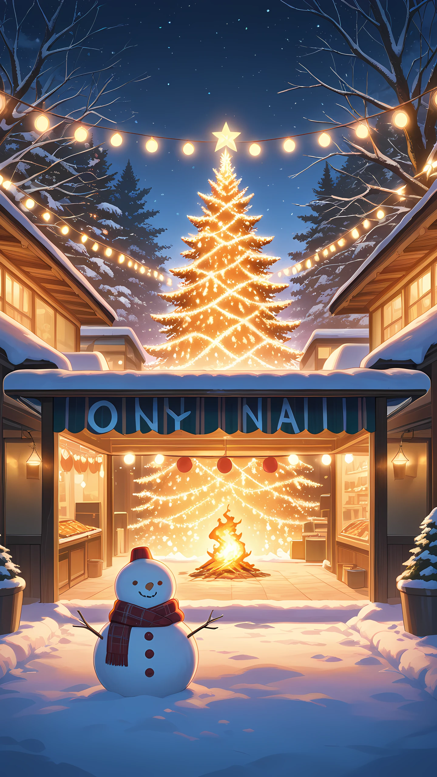 Anime Wallpaper Winter Night Market 1440×2560 anime wallpaper