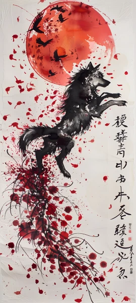 dark fusion wallpaper — red moon, moon, wolf, petals (free 4K phone download)