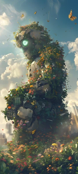 whimsical fusion wallpaper — bug, cloud, butterfly, robot (free 4K phone download)
