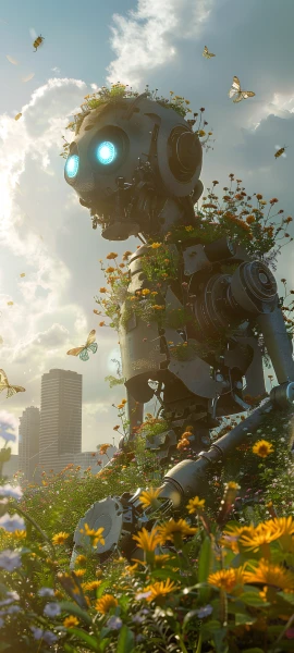 futuristic fusion wallpaper — robot, flower, bug, cloud (free 4K phone download)