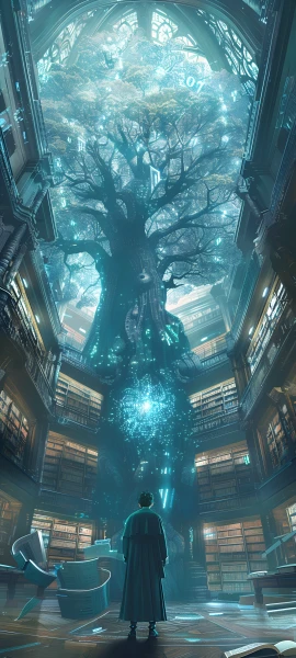 magical anime boy wallpaper — book, library, bookshelf, tree (free 4K phone download)