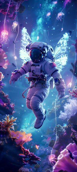 futuristic fusion wallpaper — jellyfish, helmet, wings, insect wings (free 4K phone download)