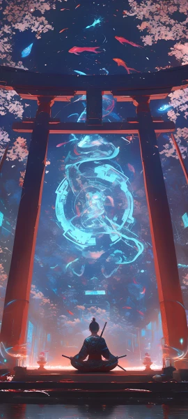 futuristic anime boy wallpaper — torii, scenery, japanese clothes, petals (free 4K phone download)
