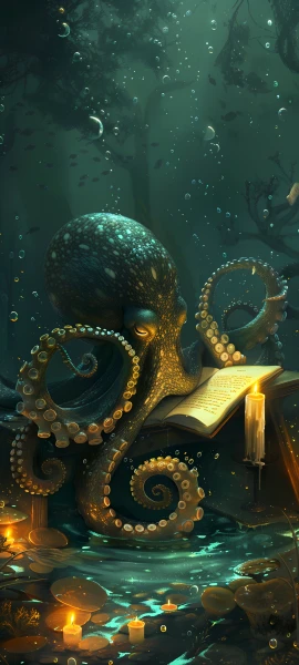 mysterious fusion wallpaper — candle, book, fish, water (free 4K phone download)