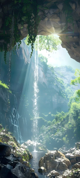 serene fusion wallpaper — scenery, sunlight, waterfall, water (free 4K phone download)