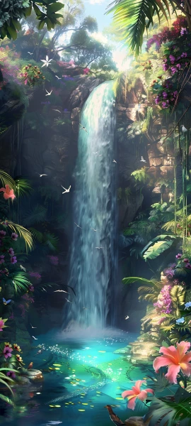 serene fusion wallpaper — waterfall, scenery, bird, flower (free 4K phone download)