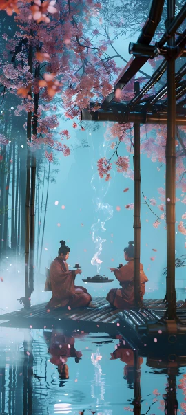 serene fusion wallpaper — reflection, petals, cherry blossoms, black hair (free 4K phone download)