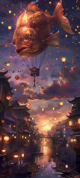 whimsical fusion wallpaper — fish, lantern, paper lantern, cloud (free 4K phone download)