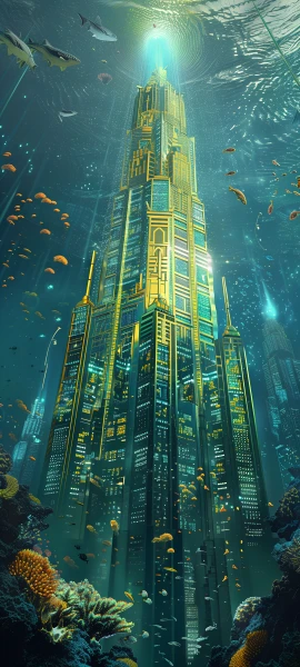 futuristic fusion wallpaper — fish, scenery, underwater, building (free 4K phone download)