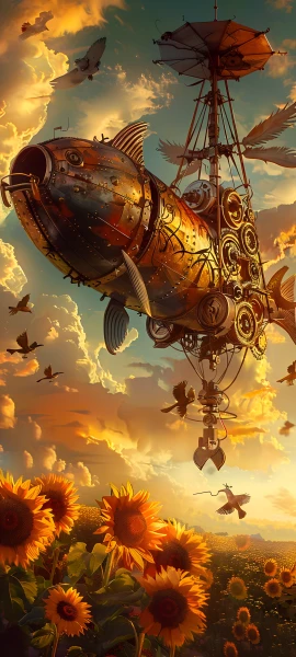 whimsical fusion wallpaper — sunflower, flower, cloud, sky (free 4K phone download)