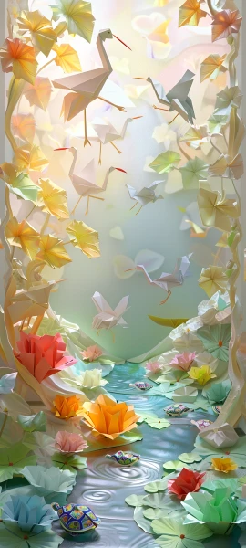 whimsical fusion wallpaper — origami, paper crane, bird, water (free 4K phone download)