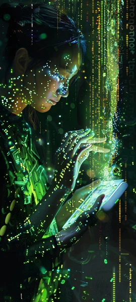 futuristic anime girl wallpaper — hologram, black hair, glowing (free 4K phone download)