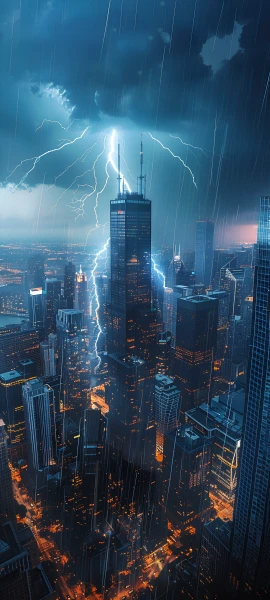 futuristic fusion wallpaper — rain, lightning, city, cityscape (free 4K phone download)