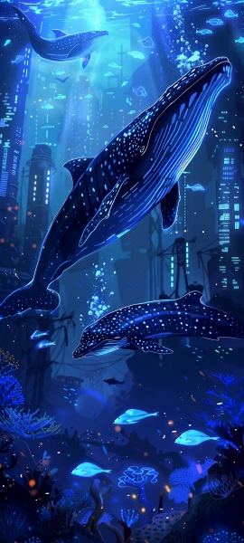 futuristic fusion wallpaper — underwater, scenery, whale, fish (free 4K phone download)