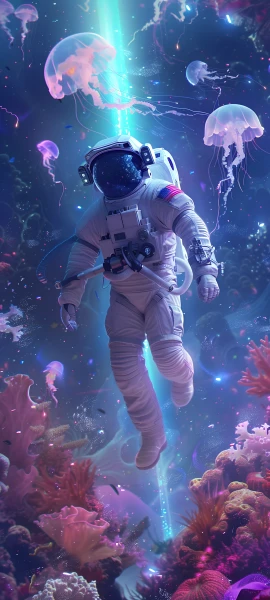 futuristic fusion wallpaper — jellyfish, helmet, spacesuit, underwater (free 4K phone download)