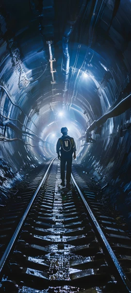 futuristic anime boy wallpaper — from behind, scenery, railroad tracks (free 4K phone download)