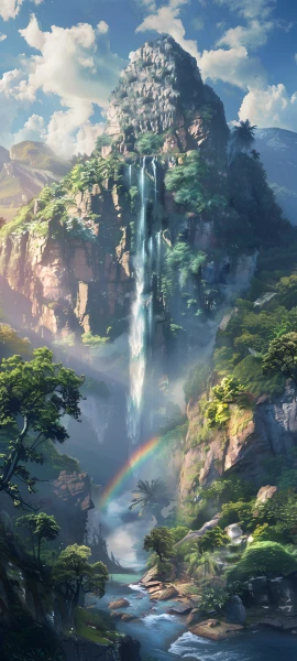 serene fusion wallpaper — rainbow, waterfall, scenery, cloud (free 4K phone download)