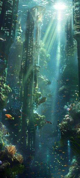 futuristic fusion wallpaper — fish, underwater, scenery, light rays (free 4K phone download)
