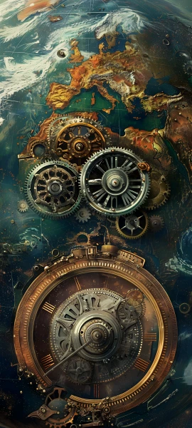 whimsical fusion wallpaper — gears, clock, scenery, water (free 4K phone download)