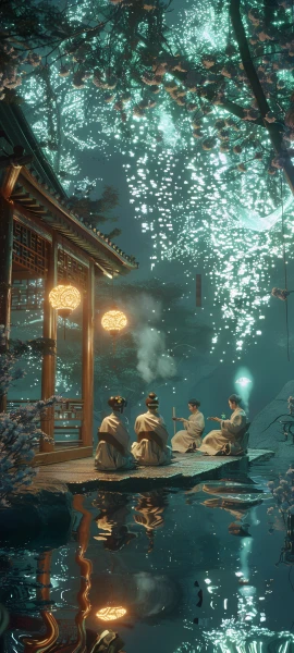 dreamy fusion wallpaper — reflection, lantern, tree, multiple boys (free 4K phone download)