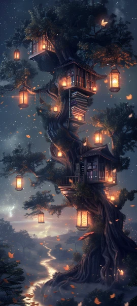 cozy fusion wallpaper — tree, scenery, night, sky (free 4K phone download)
