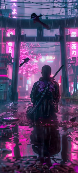 vaporwave anime boy wallpaper — weapon, neon lights, rain, sword (free 4K phone download)