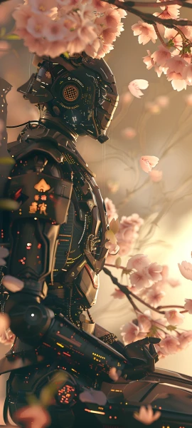 romantic anime boy wallpaper — cherry blossoms, robot, from side, humanoid robot (free 4K phone download)