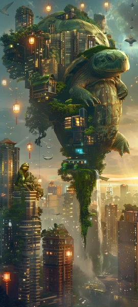 futuristic fusion wallpaper — building, scenery, bird, city (free 4K phone download)