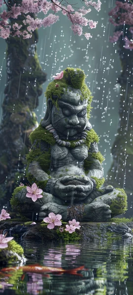 serene anime boy wallpaper — rain, flower, indian style, statue (free 4K phone download)