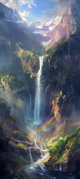 serene fusion wallpaper — waterfall, scenery, sky, rainbow (free 4K phone download)