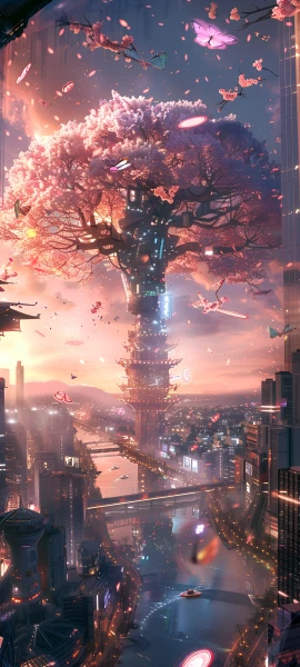 futuristic fusion wallpaper — scenery, cherry blossoms, building, city (free 4K phone download)